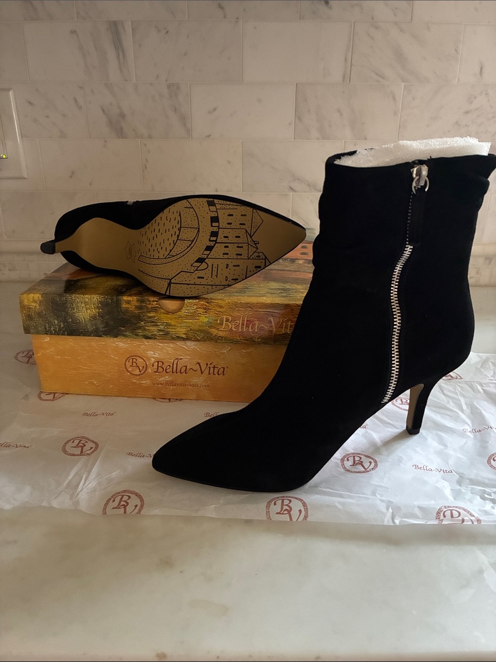 Bella Vita Black Suede Pointed Toe Kitten Heel Ankle Boots with Side Zip